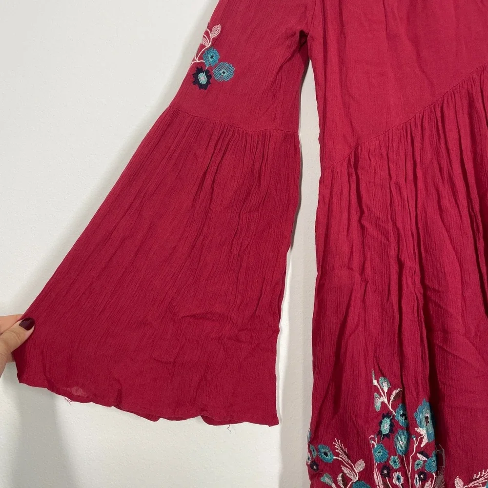 Free‎ People Dress Women S Red Embroidery Babydoll Long Sleeve Boho Western